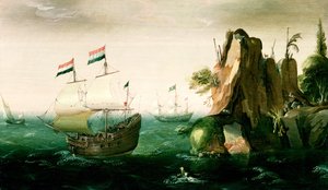 Um navio mercante holandês ao largo de uma costa rochosa